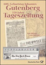 2000  Postamtliches Erinnerungsblatt - Johannes Gutenberg + Tageszeitungen