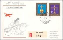1975  Erste Direkte Luftpost-Abfertigung Zürich - Madras ab Liechtenstein