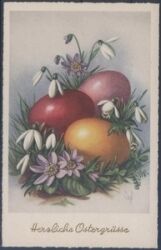 Herzliche Ostergrüße - Ostereier mit Schneeglöckchen
