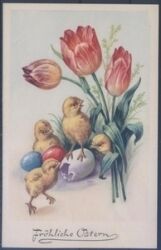 Fröhliche Ostern - Kücken mit Eiern