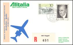 1974  Erste Direkte Luftpostabfertigung Zürich - Bari ab Liechtenstein