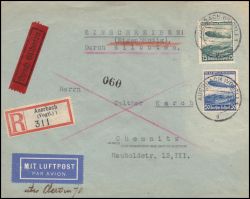 1936  Mischfrankatur auf Einschreibebrief per Eilzustellung mit Luftpost